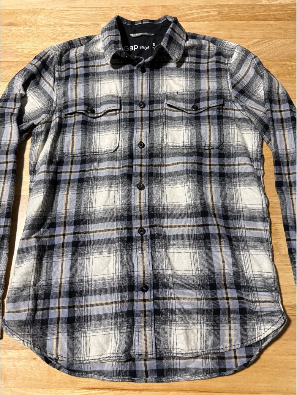 Gap 1969 Women’s Small Plaid Flannel Button Down Shirt Blue White Yellow